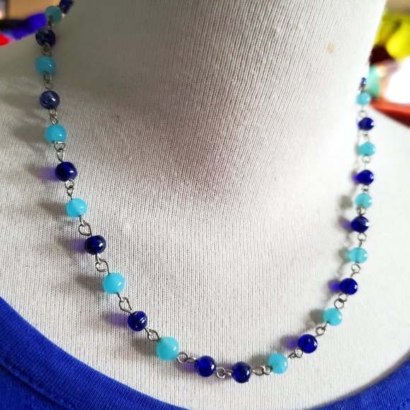 16" Silver Tone Blue Glass Bead Strand Necklace ND Jewelry Handmade Women Style - Picture 1 of 4